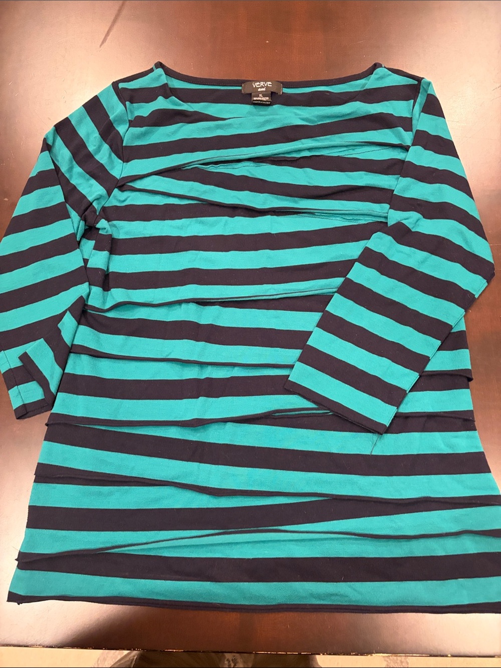 Verve Ami Black and Teal Striped 3/4 Sleeve Top